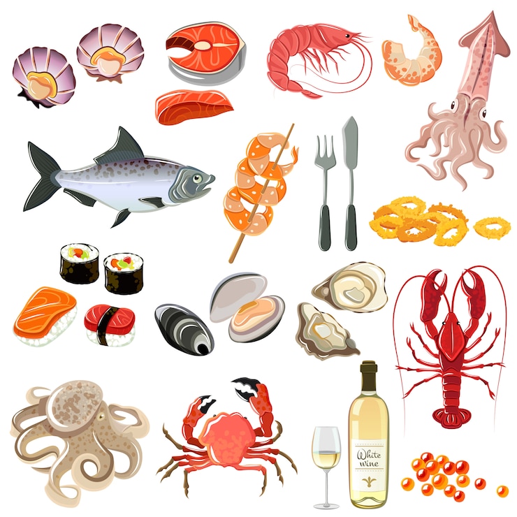 Vector Gratis set ikon makanan laut