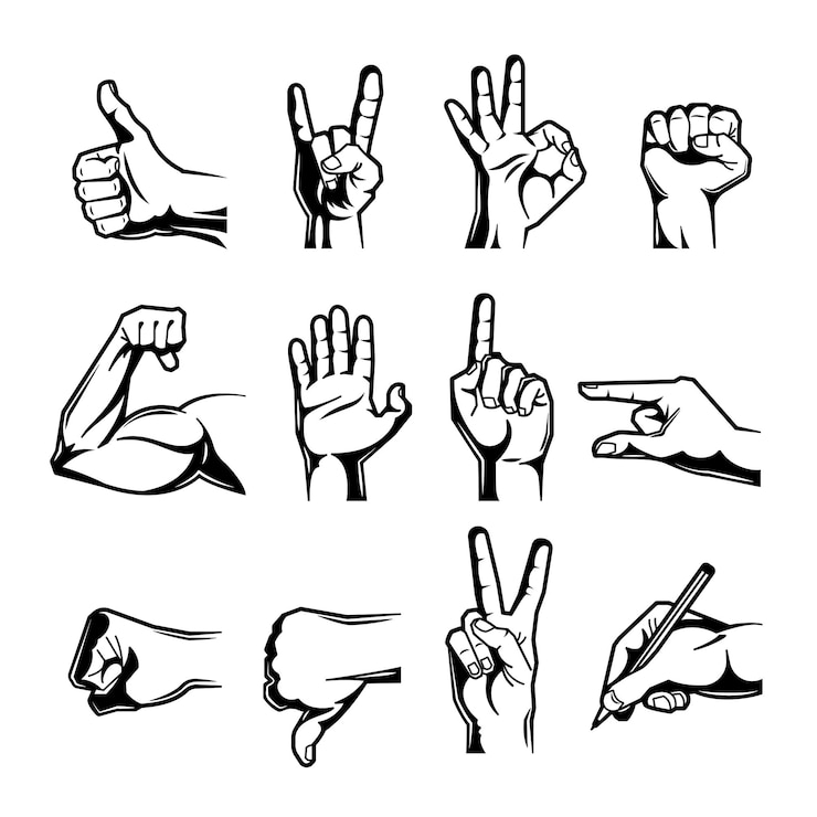 Vector Gratis set ikon ukiran hitam gerakan pergelangan tangan tangan dengan jempol ke atas ke bawah, kepalan tangan, jari tengah, dan ilustrasi vektor gerakan lainnya