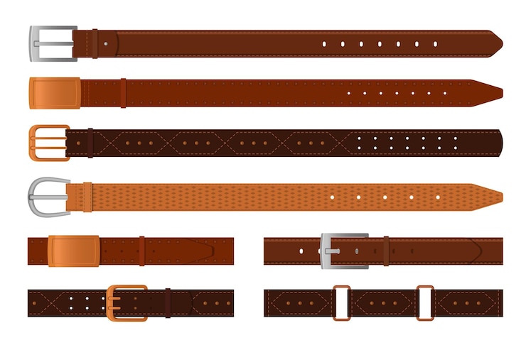 Vector Gratis set ilustrasi vektor datar sabuk kulit cokelat classic. koleksi tali dengan cincin gesper logam, kuningan, atau baja yang diisolasi dengan latar belakang putih. konsep fesyen, aksesori, perlengkapan menjahit