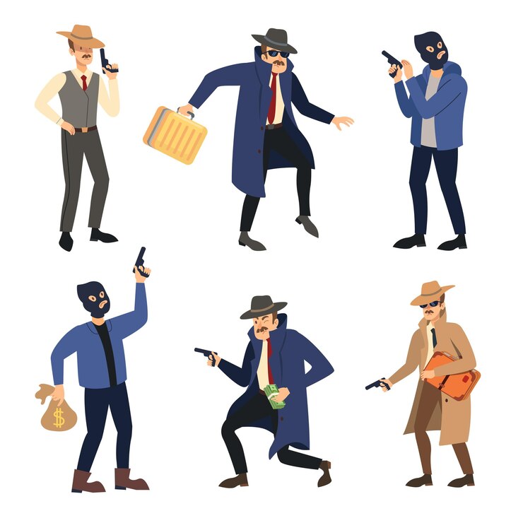 Vector Gratis set karakter gangster. ilustrasi vektor penjahat komik dengan topi atau masker hitam. bos mafia kartun dengan koper uang, pembunuh bandit dengan pistol terisolasi di atas putih. konsep kejahatan, perampokan