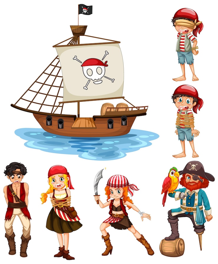 Vector Gratis set karakter kartun bajak laut yang berbeda