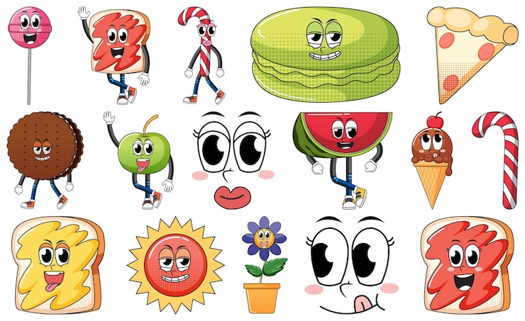 Vector Gratis set karakter kartun objek dan makanan
