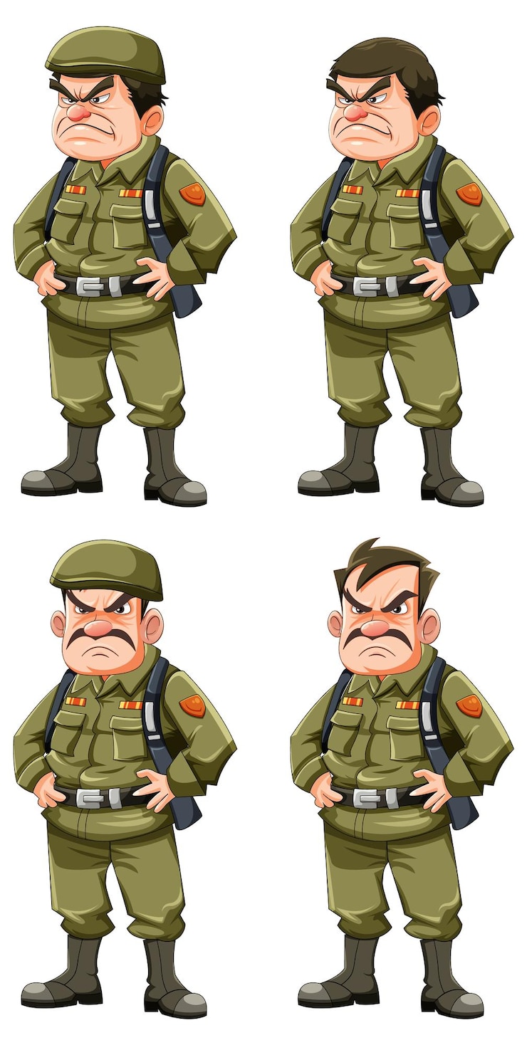 Vector Gratis set karakter kartun perwira tentara yang pemarah