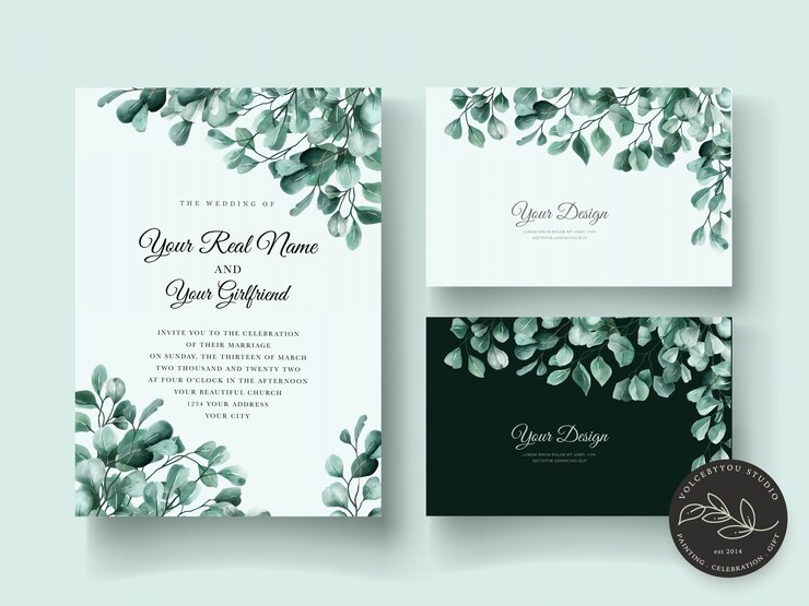Vector Gratis set kartu undangan pernikahan eucalyptus yang elegan