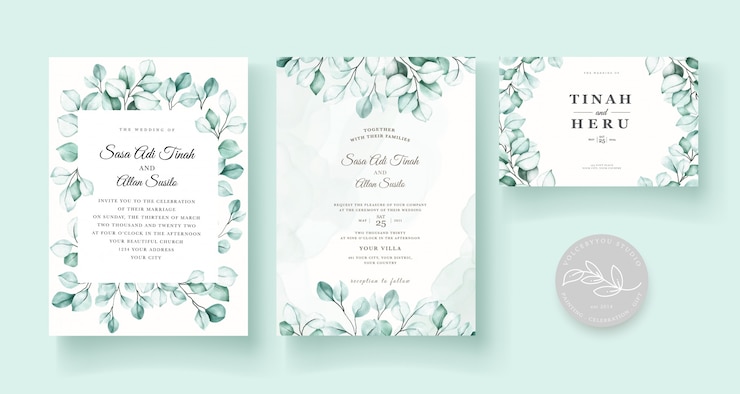 Vector Gratis set kartu undangan pernikahan eucalyptus yang elegan