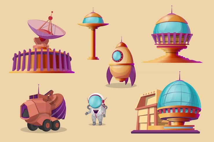 Vector Gratis set kartun kolonisasi mars. pesawat ruang angkasa, pesawat ulang-alik, roket, penjelajah mars - buldoser