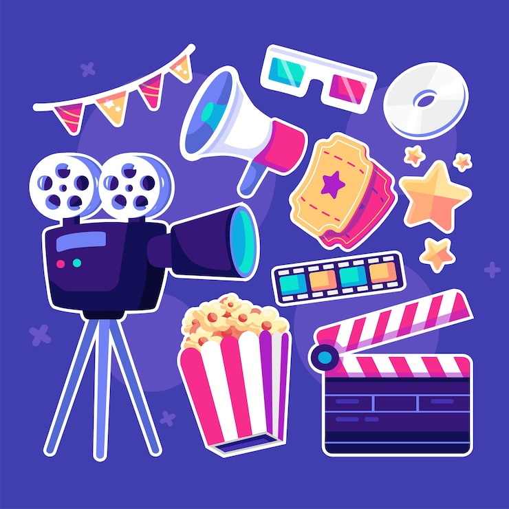 Vector Gratis set koleksi item film dan sinema. set ikon kartun dan simbol pada tema produksi sinema. ilustrasi vektor
