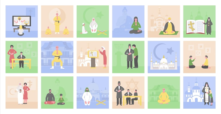 Vector Gratis set komposisi agama dunia dengan komposisi persegi datar karakter manusia kuil gereja dan ilustrasi vektor simbol agama