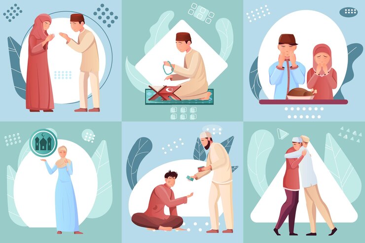 Vector Gratis set komposisi datar dengan ilustrasi umat muslim membaca alquran