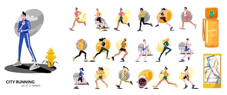 Vector Gratis set komposisi datar lari kota pria dan wanita berlari di berbagai tempat di kota dan ilustrasi vektor atribut olahraga mereka