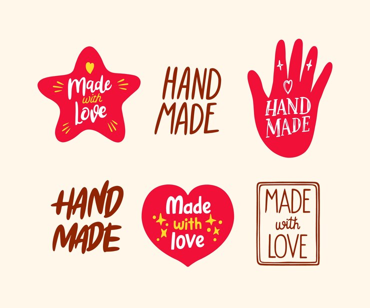 Vector Gratis set label digambar tangan yang dibuat dengan cinta