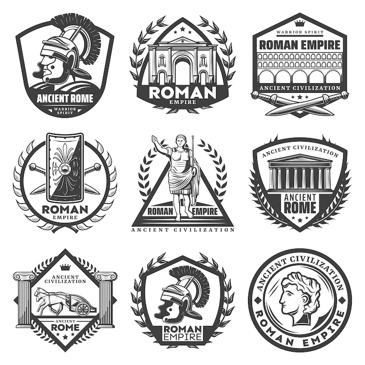 Vector Gratis set label kerajaan romawi monokrom vintage dengan caesar bangunan kuno
