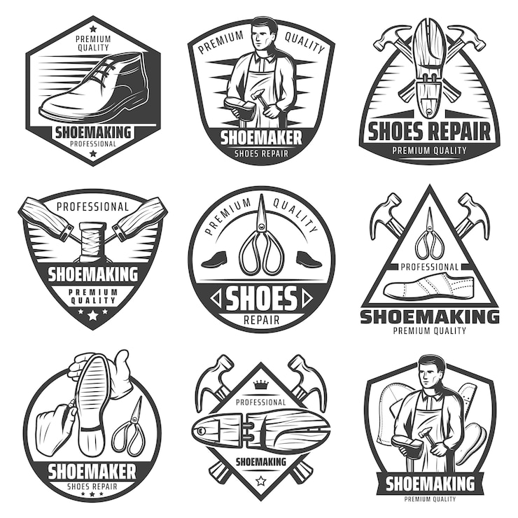 Vector Gratis set label pembuatan sepatu monokrom vintage dengan palu pembuat sepatu, alat penusuk, gunting, gulungan benang, sepatu bot kayu terisolasi