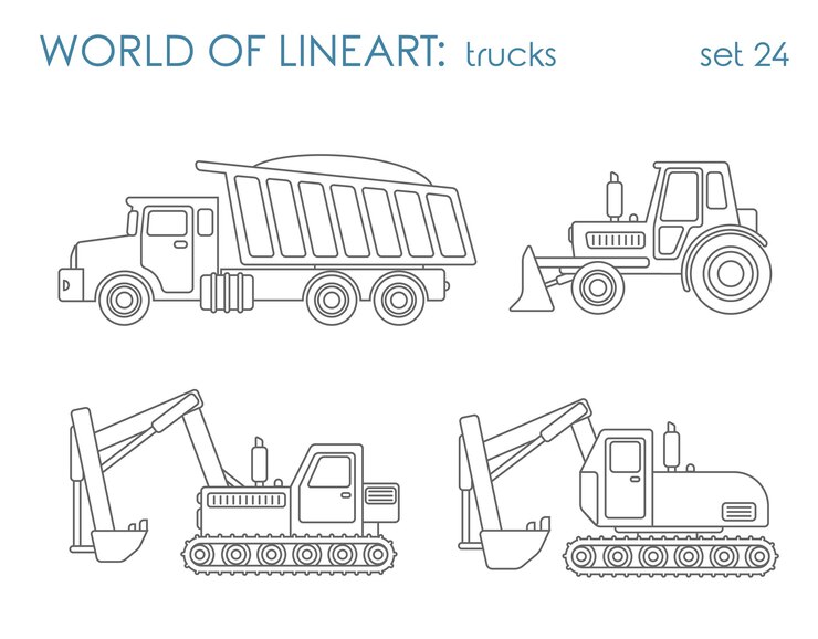 Set lineart al transportasi konstruksi. Tipper excavator traktor grader. Koleksi seni garis.