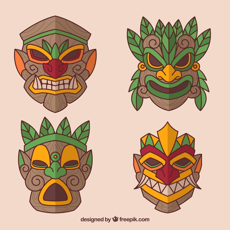 Vector Gratis set lucu topeng tiki tersenyum
