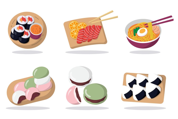 Vector Gratis set makanan jepang yang diisolasi dengan latar belakang putih set ikon desain grafis untuk iklan, ilustrasi vektor