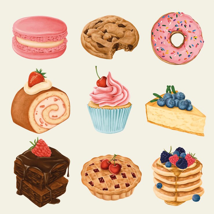 Vector Gratis set makanan penutup lezat digambar tangan