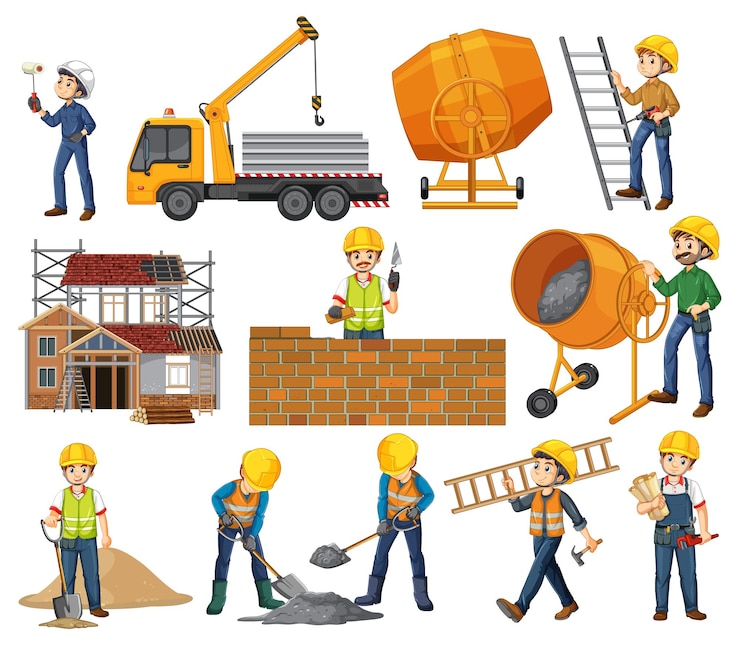 Vector Gratis set objek dan pekerja lokasi konstruksi
