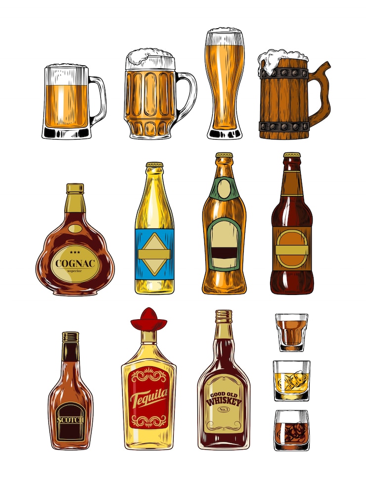 Vector Gratis set of bottles and stemware with alcohol