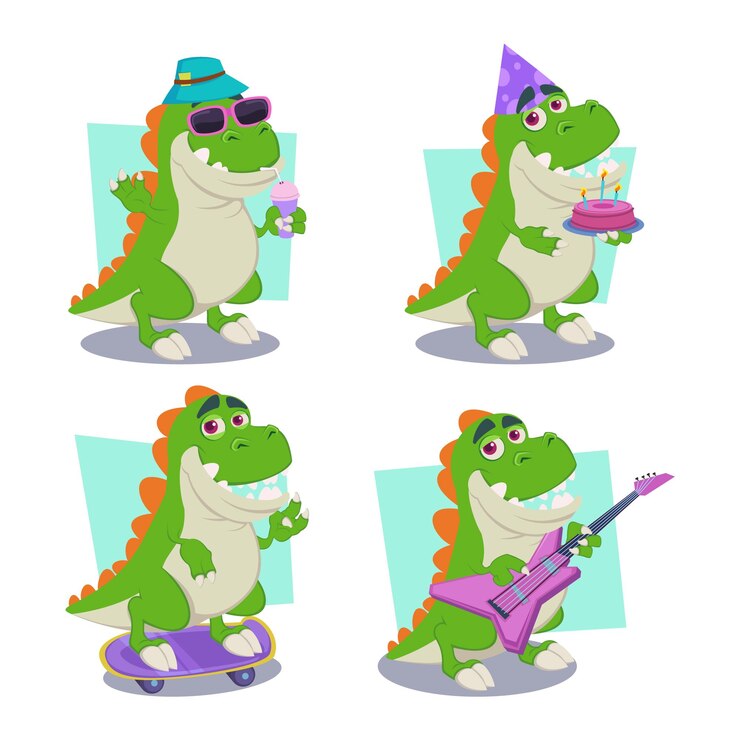 Vector Gratis set of cartoon dragon character playing guitar, riding on skateboard, blowing out candles on cake