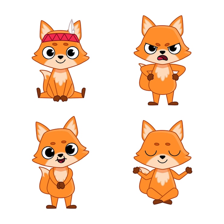 Vector Gratis set of cartoon fox character getting angry, meditating sitting in lotus pose and smiling