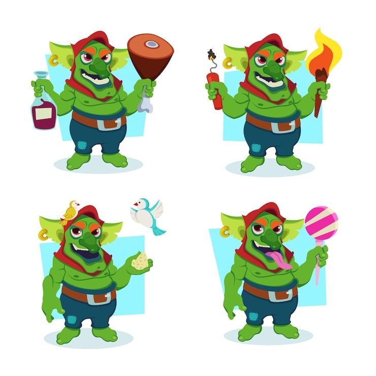 Vector Gratis set of cartoon green goblin character holding dynamite, knuckle, lollipop and hand feeding bird
