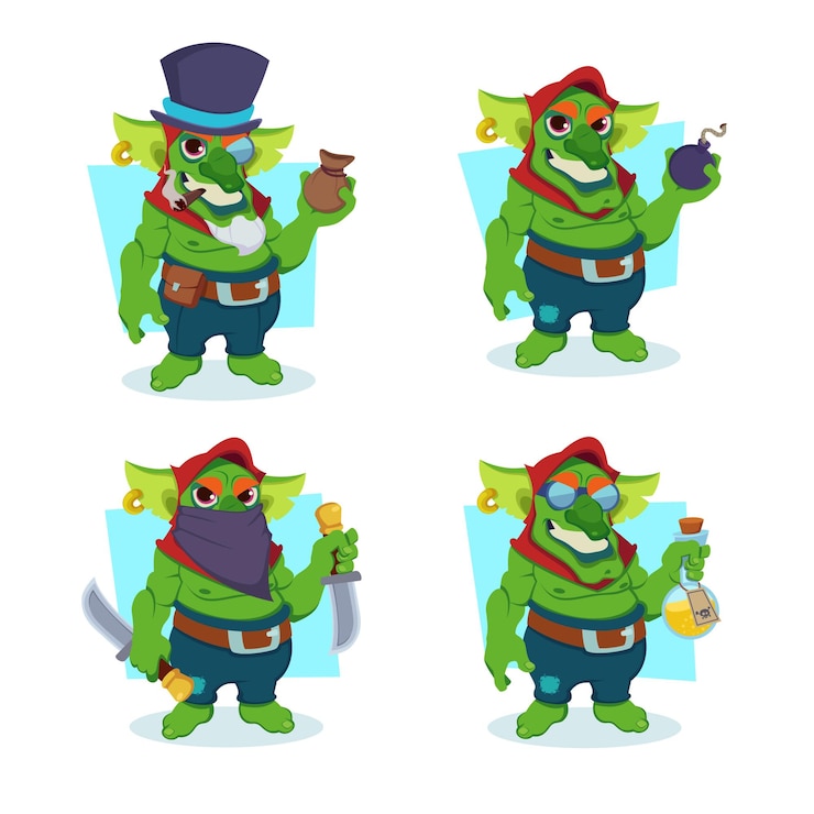 Vector Gratis set of cartoon green goblin with bomb, swords, bag of money and bottle of poison