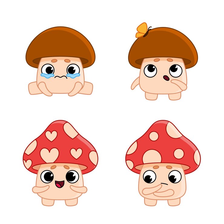 Vector Gratis set of cute hand-drawn mushroom characters crying tears, looking at butterfly, feeling love, thinking