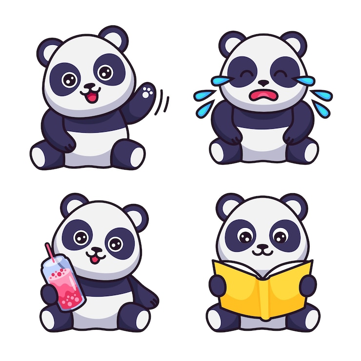 Vector Gratis set of cute handdrawn pandas waving crying holding cocktail reading book