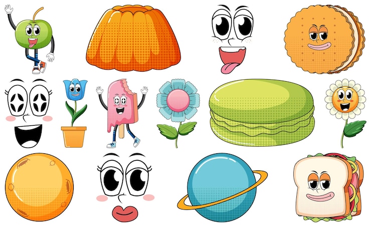 Vector Gratis set of facial expression with vintage style food cartoon on whit