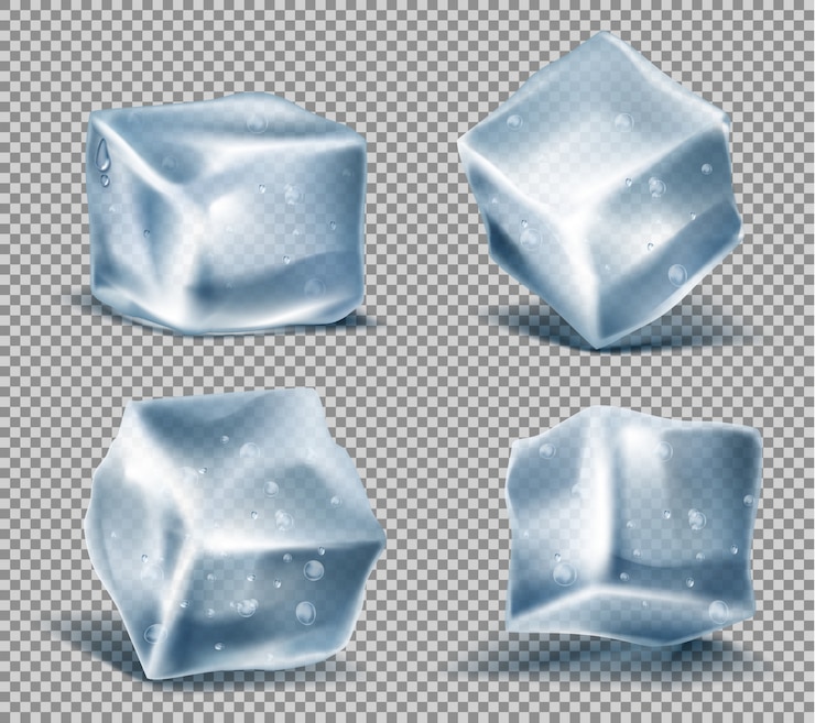 Vector Gratis set of four realistic blue ice cubes with water drops, cold, frozen blocks