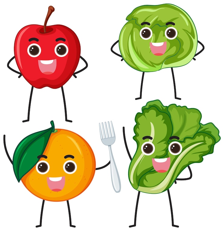 Vector Gratis set of fruit and vegetable cartoon character with smiley face