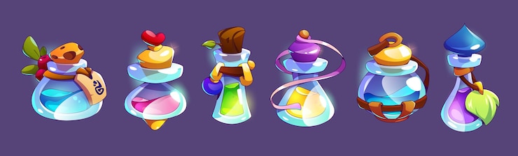 Vector Gratis set of glass bottles with magic elixir isolated on background vector cartoon illustration of corked vials with colorful love potion poison antidote alchemy medicine chemical liquid substance