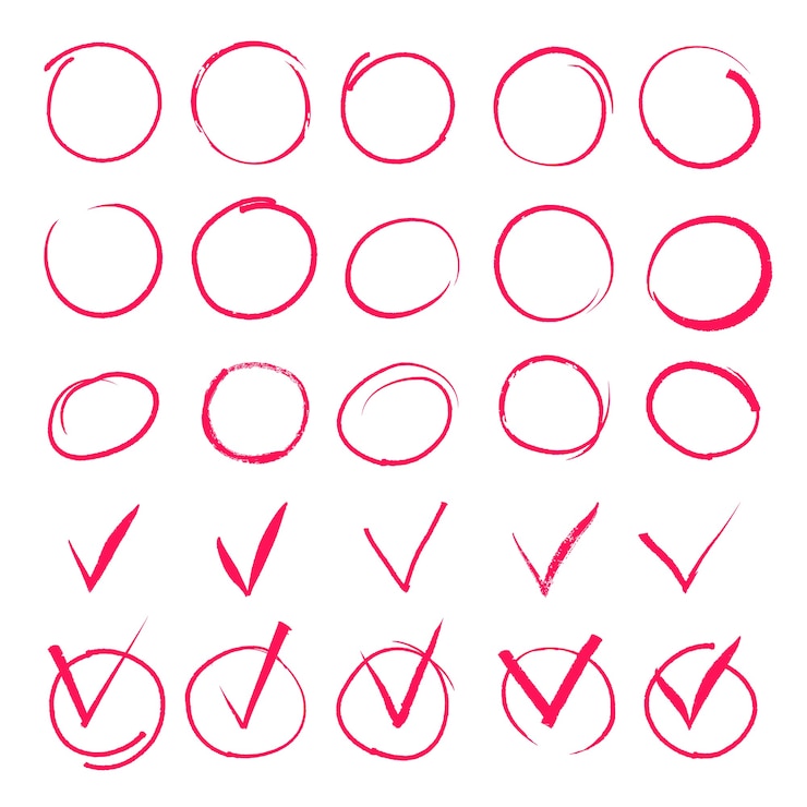 Vector Gratis set of hand drawn highlight red circles and check mark icons.