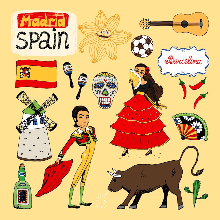 Vector Gratis set of hand-drawn landmarks and symbols of spain