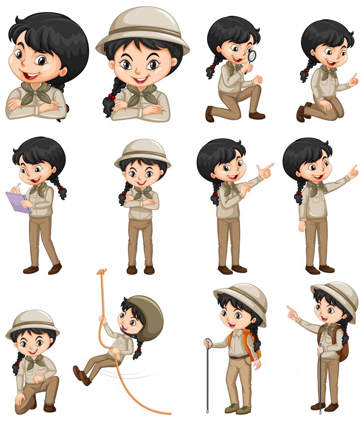 Vector Gratis set of happy girl in safari outfit doing different things