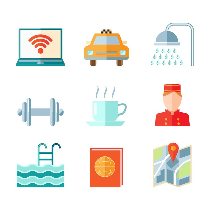 Vector Gratis set of hotel computer car taxi shower gym icons in flat color style 