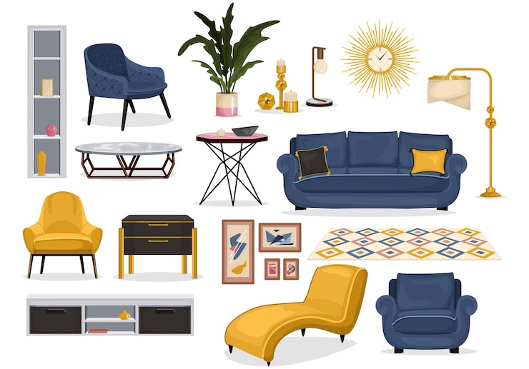 Vector Gratis set of isolated furniture interior decor icons with images of soft furniture with tables and carpet vector illustration