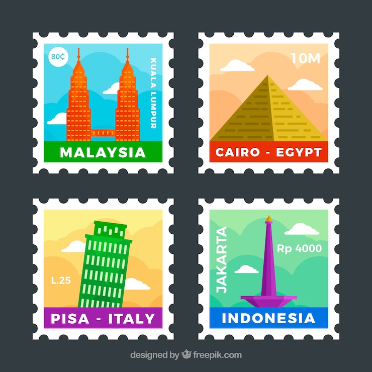 Vector Gratis set of landmark stamps in flat style
