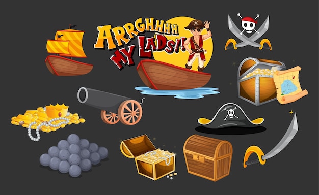 Set of pirate cartoon characters and objects