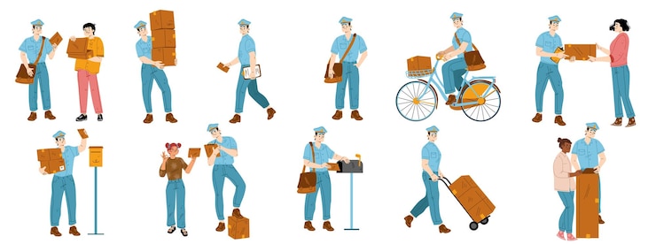 Vector Gratis set of postman characters delivering mail