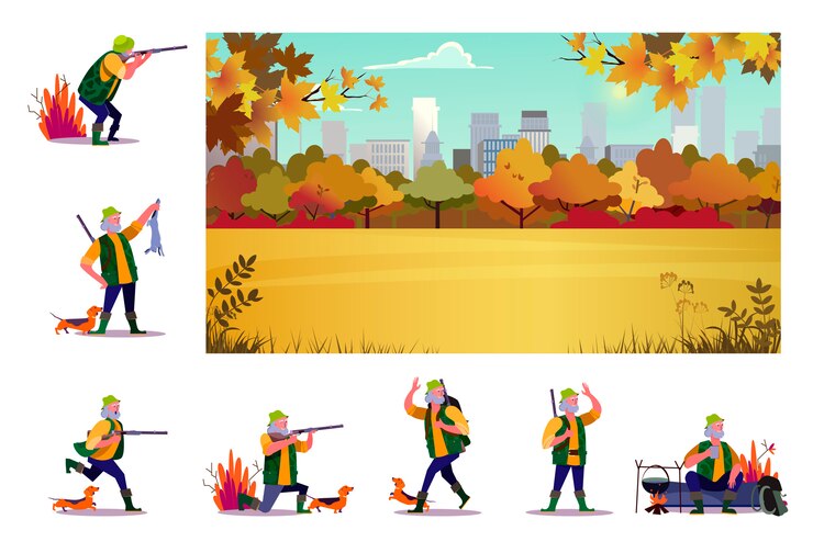 Vector Gratis set of senior hunter with dog on hunt