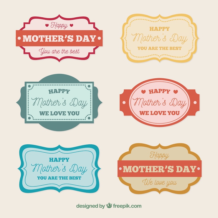 Vector Gratis set of six colored badges for mother's day in retro style