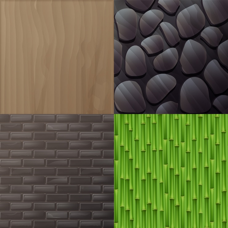 Vector Gratis set of textures for interior in eco minimalist style: wood, gray brick wall, green bamboo and stone wall