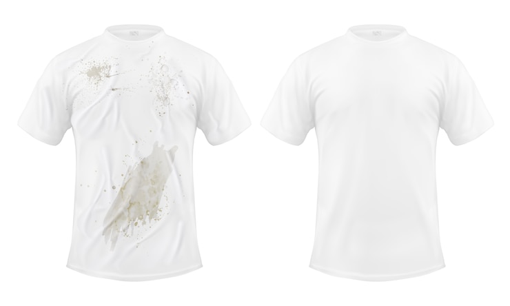 Vector Gratis set of vector illustrations of a white t-shirt with a dirty stain and clean, before and after dry cleaning