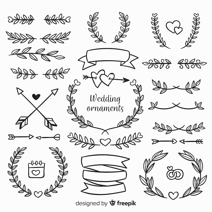 Vector Gratis set ornamen pernikahan digambar tangan