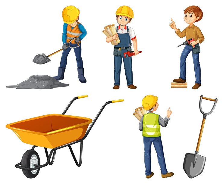 Vector Gratis set pekerja konstruksi dengan pria melakukan pekerjaan yang berbeda