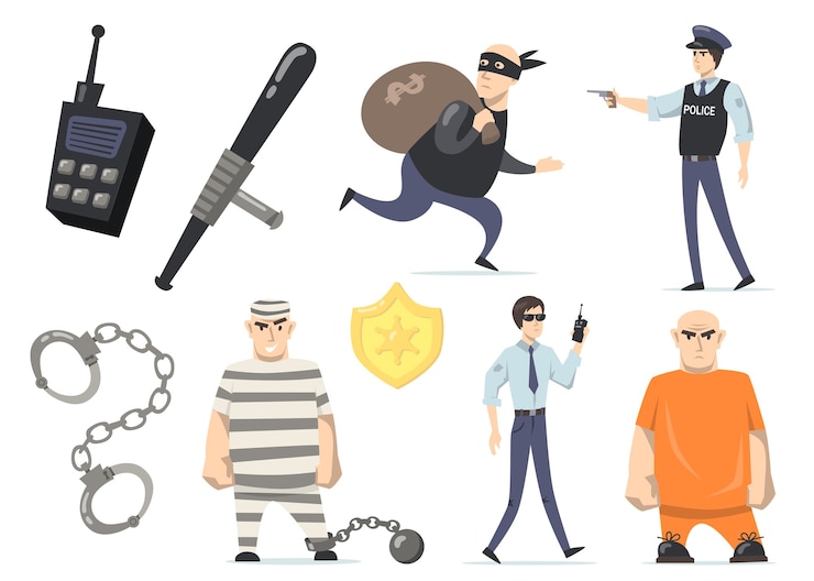 Vector Gratis set penjahat dan petugas polisi. pencuri dengan uang, tahanan dengan seragam oranye atau bergaris, keamanan penjara, polisi dengan pistol. ilustrasi vektor terisolasi untuk kejahatan dan keadilan