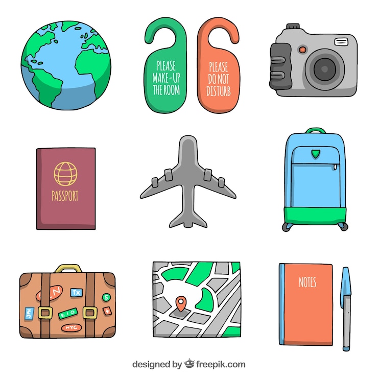 Vector Gratis set pesawat terbang dengan elemen perjalanan digambar tangan lainnya