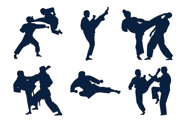 Vector Gratis set siluet karate digambar tangan